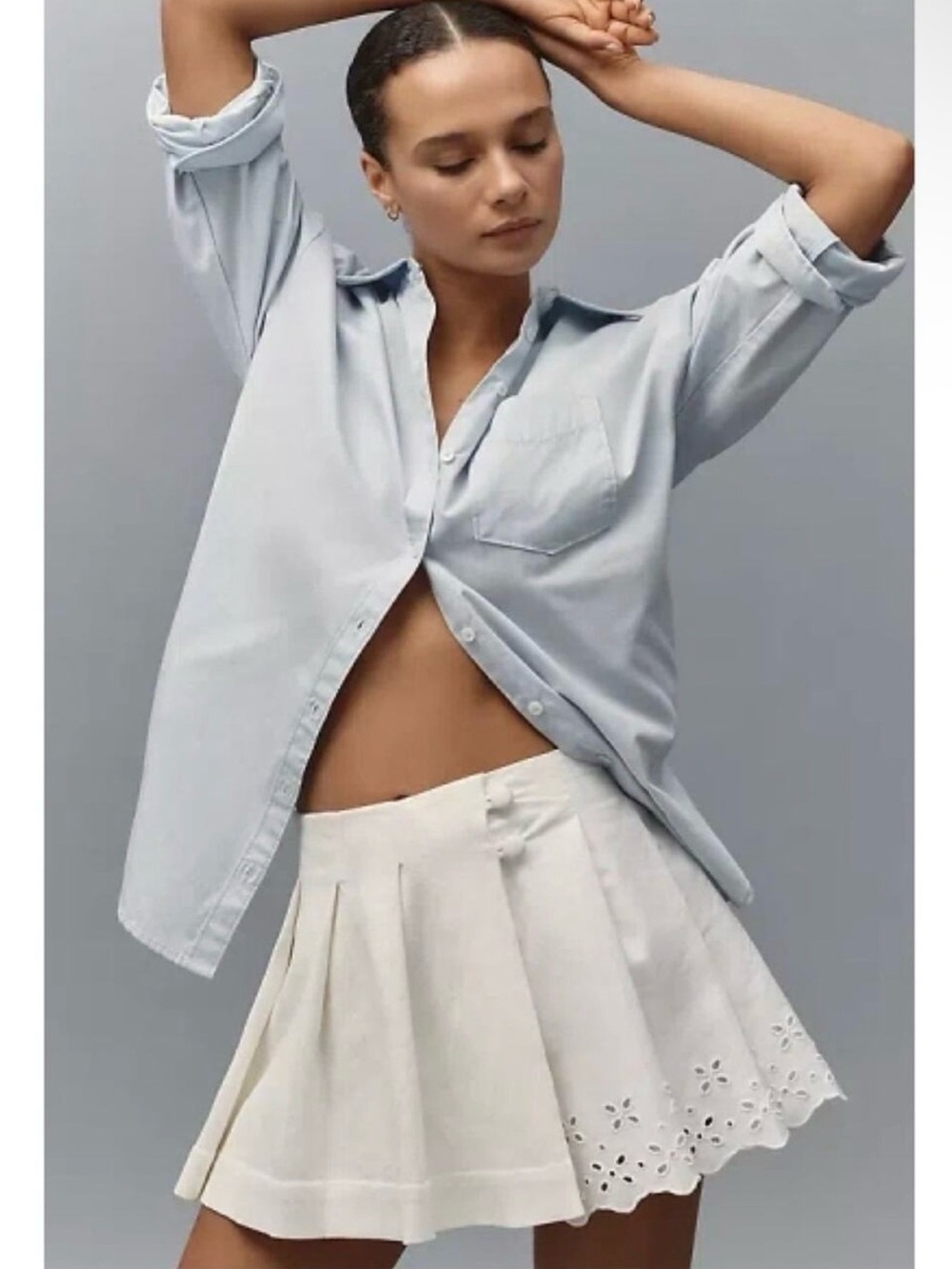 Anthropologie Maeve Women Lined Skirt Ivory Pleated Skort Eyelet Cutout Tennis 6